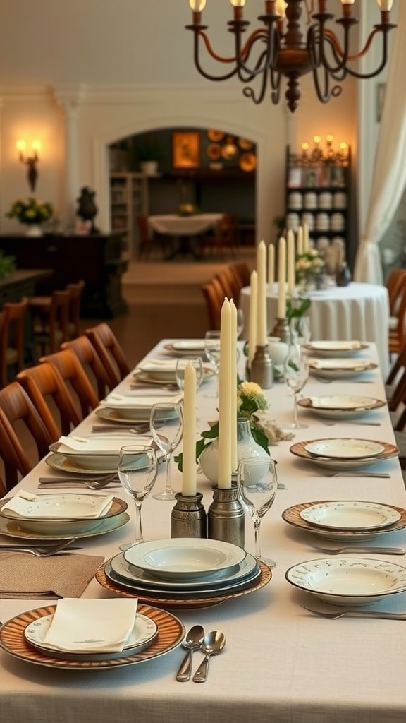 A vintage-style wedding reception table set with elegant dishware, candles, and flowers.