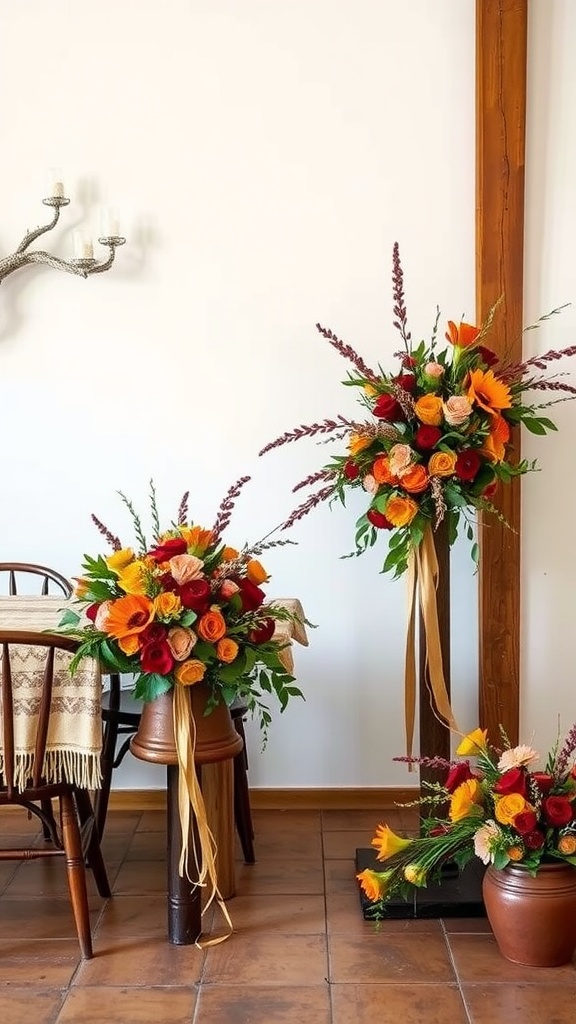 Beautiful floral arrangements in warm earthy colors with rustic decor