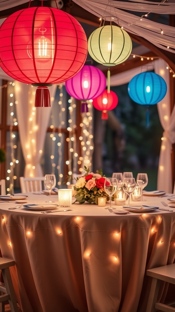 A beautifully decorated wedding table with colorful lanterns, fairy lights, and elegant table settings.