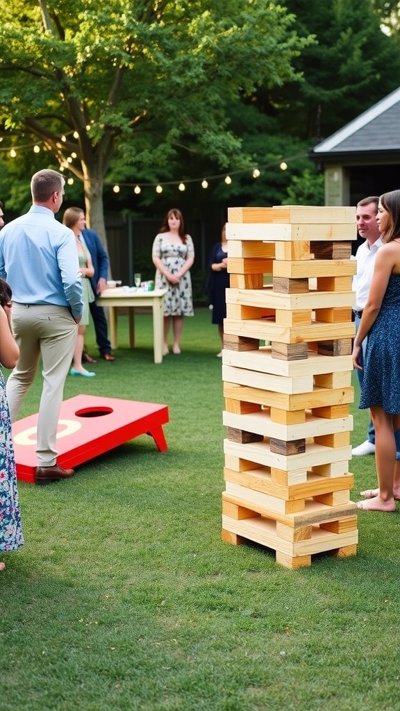 Guests enjoying outdoor games at a backyard wedding reception, featuring giant Jenga and cornhole.