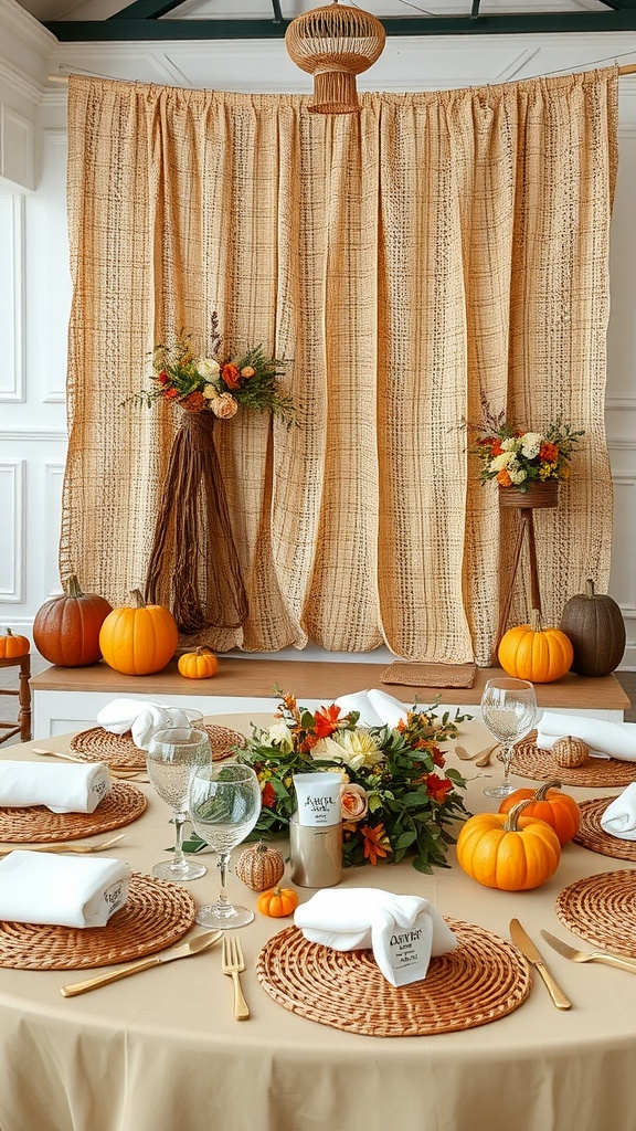 A rustic wedding setup featuring woven textures, pumpkins, and floral arrangements.