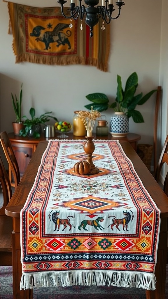A beautifully decorated table with a Zululand-inspired table runner featuring colorful patterns and motifs.