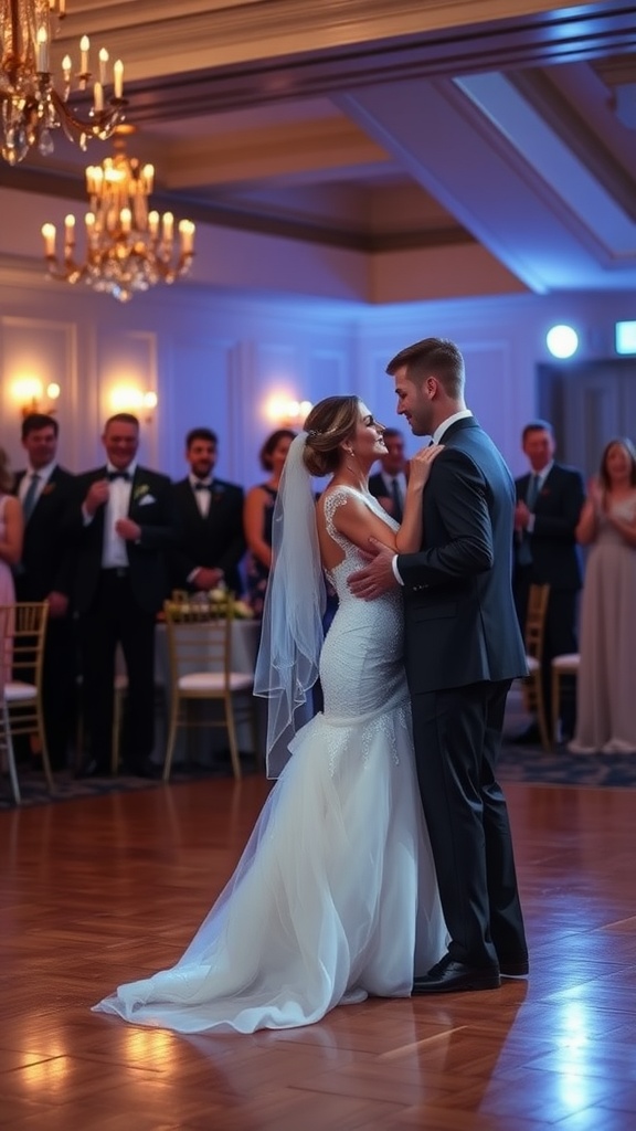 A beautiful wedding scene with a couple dancing, surrounded by guests in a elegantly decorated venue.