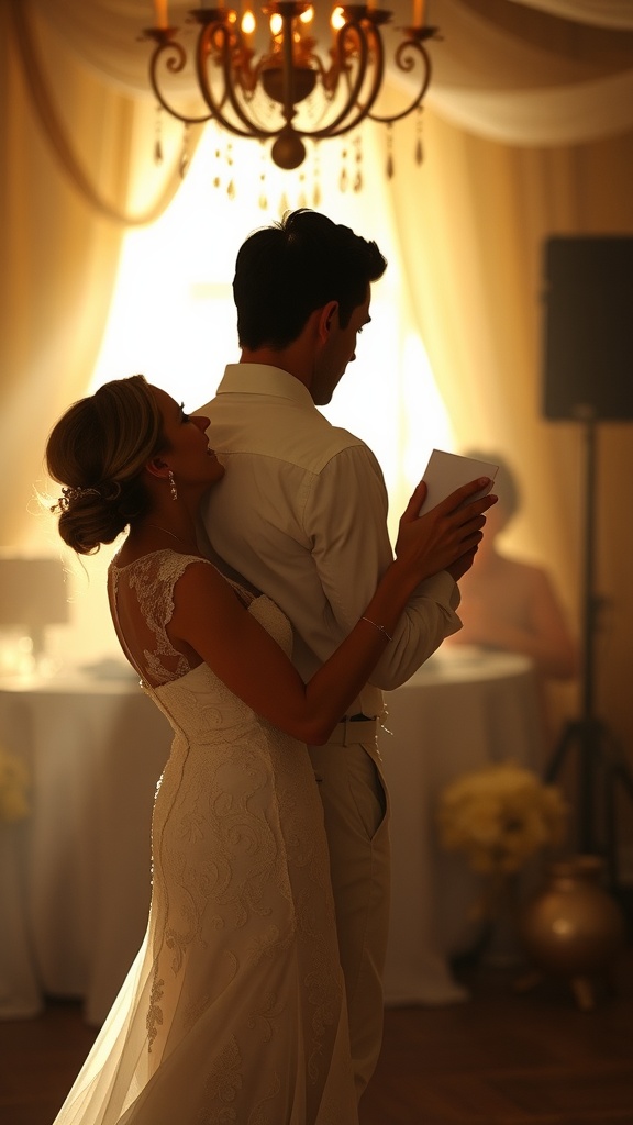 A couple sharing a romantic dance at a wedding reception.