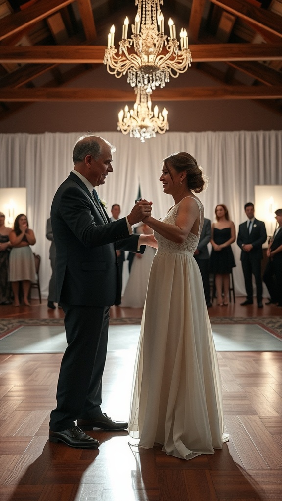 A father and daughter dancing together during a wedding reception.
