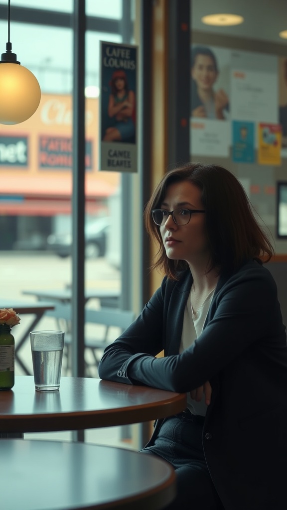 A woman sitting alone at a cafe table, looking contemplative, with a glass of water in front of her and a flower in a jar on the table.