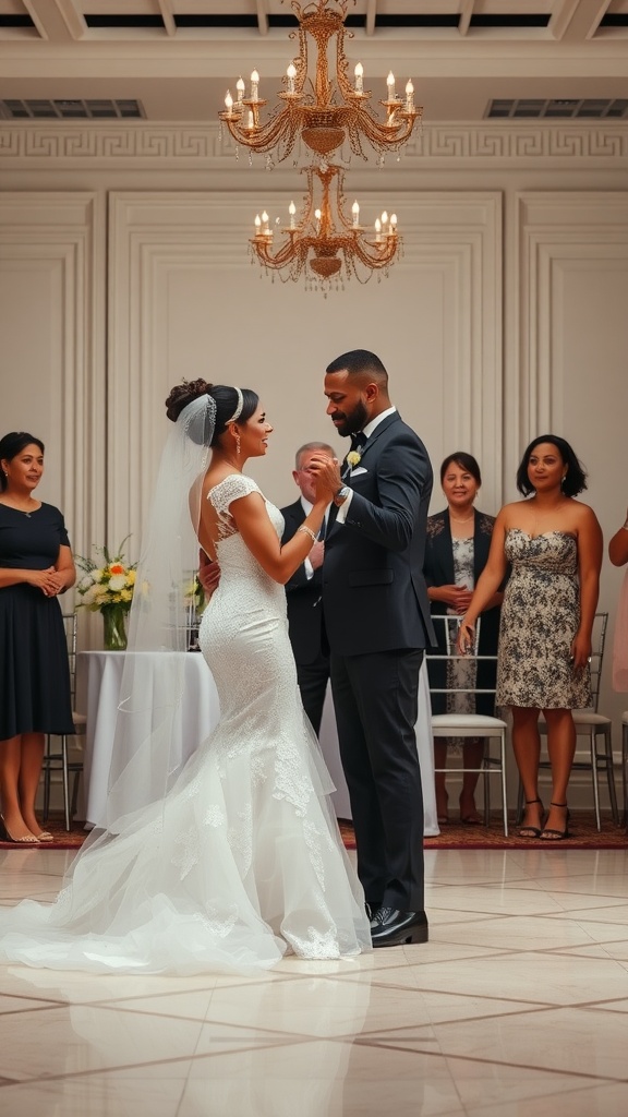 Wedding couple dancing with parents looking on