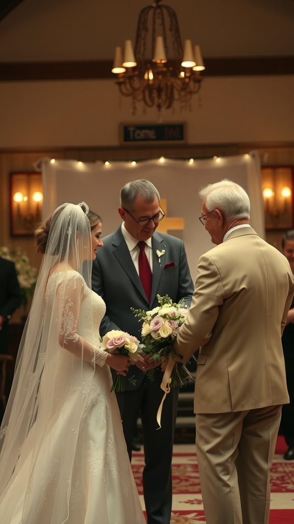 A beautiful wedding scene featuring a bride with her father and partner, highlighting the emotional moment.