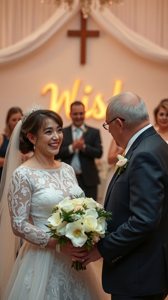 A father and daughter sharing a joyful moment during a wedding ceremony.