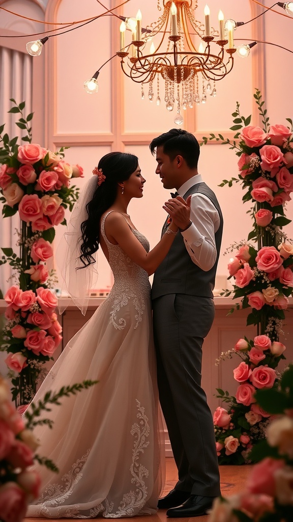 A couple dancing at a wedding, surrounded by flowers and warm lighting.