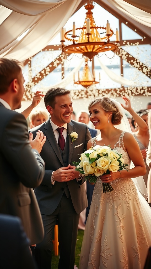 A joyful wedding scene with a couple smiling and celebrating with friends and family.