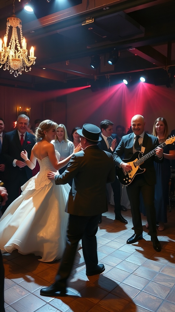 A wedding reception with guests dancing and enjoying the music.