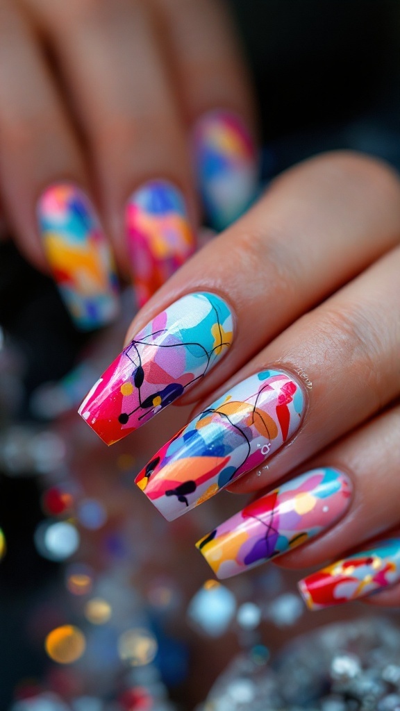 A close-up of colorful abstract art on chrome nails, showcasing various vibrant patterns.