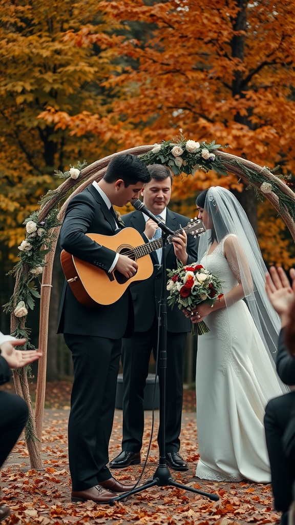 A couple at a fall wedding ceremony with an acoustic guitar performance, surrounded by colorful autumn leaves.