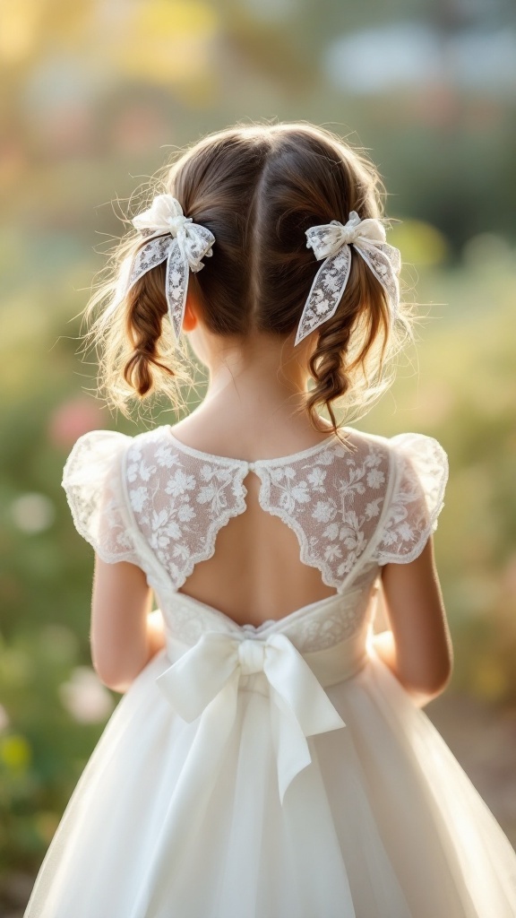 A little girl with pigtails wearing decorative ties, seen from the back in a wedding dress.