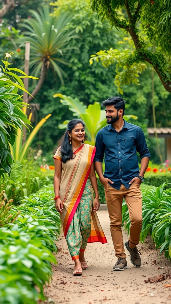A couple walking through a lush spice garden, smiling and dressed in traditional attire.