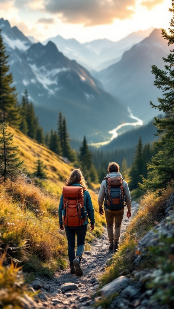 Couple hiking on a scenic mountain trail with backpacks