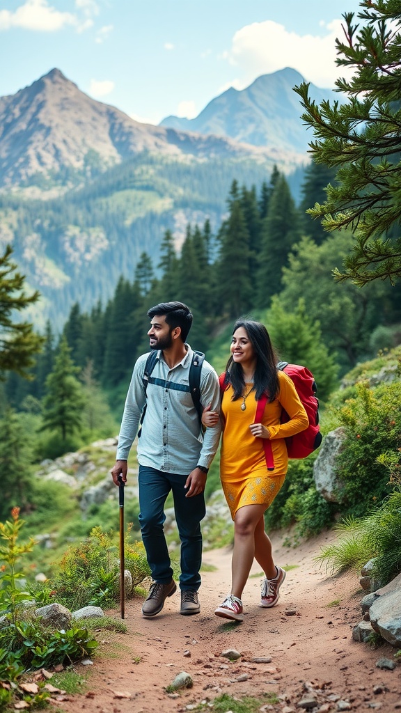 A couple walking in nature, showcasing joy and love in an adventurous setting.