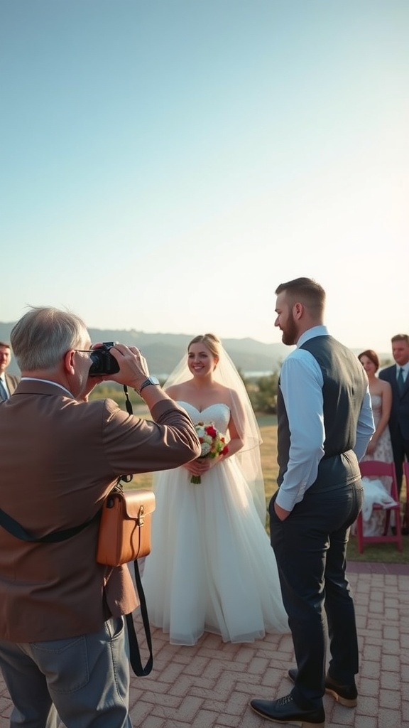 A guest taking a photo of a smiling bride with a bouquet at a wedding.