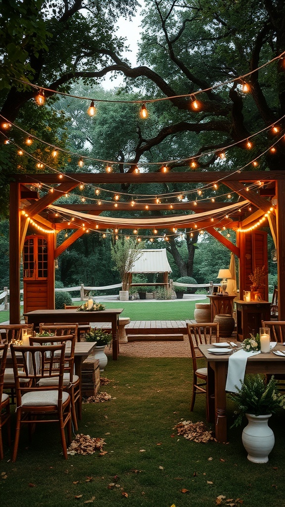 A charming outdoor wedding venue with wooden tables, string lights, and a well-kept lawn.