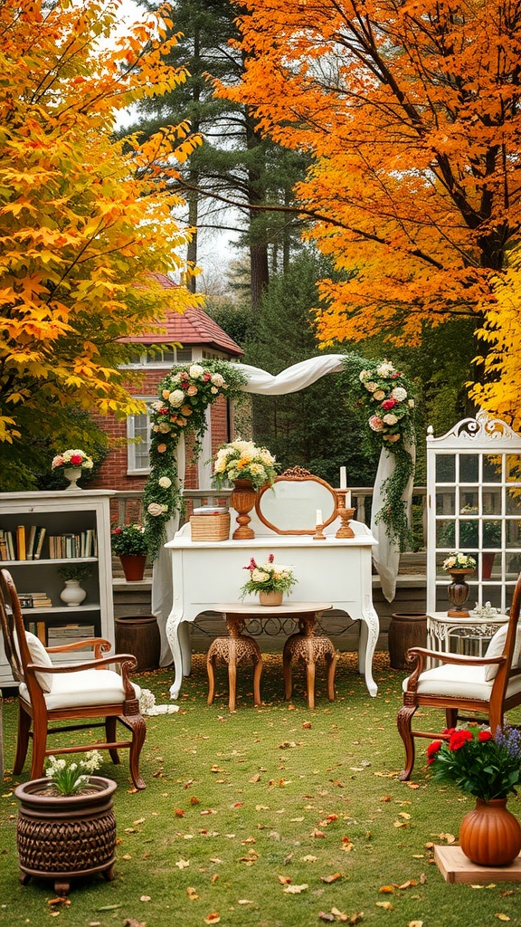 A cozy outdoor wedding setup with vintage furniture and fall foliage.