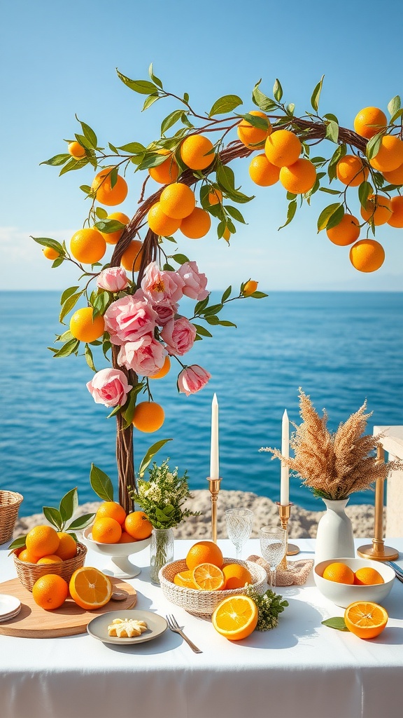 A beautiful table setting with oranges and flowers by the sea.