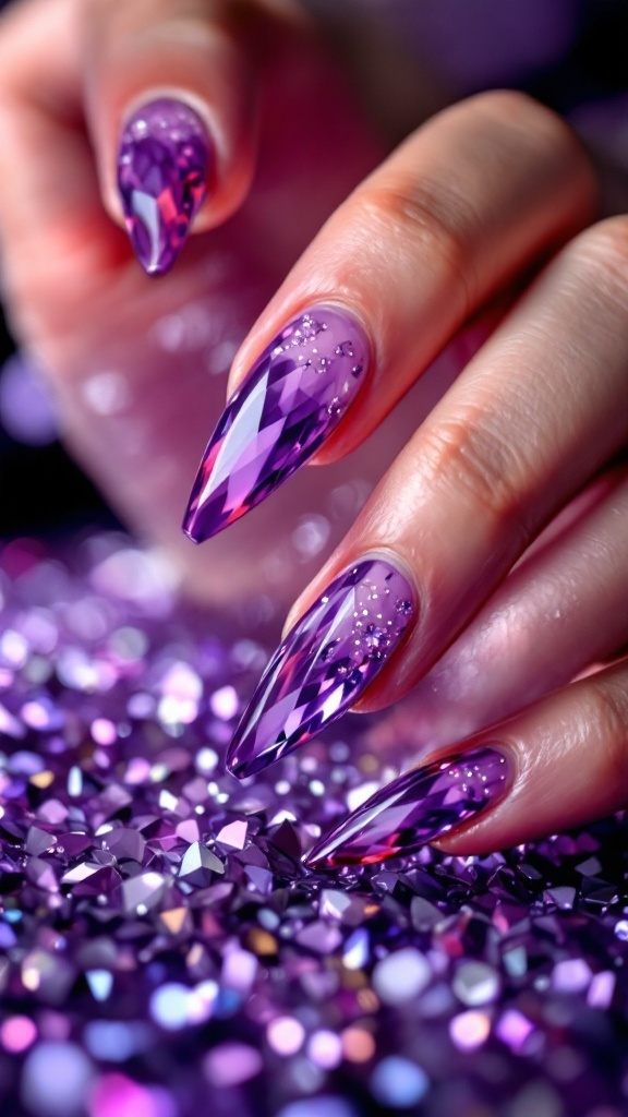 A hand with amethyst stiletto nails featuring shades of purple and sparkles.