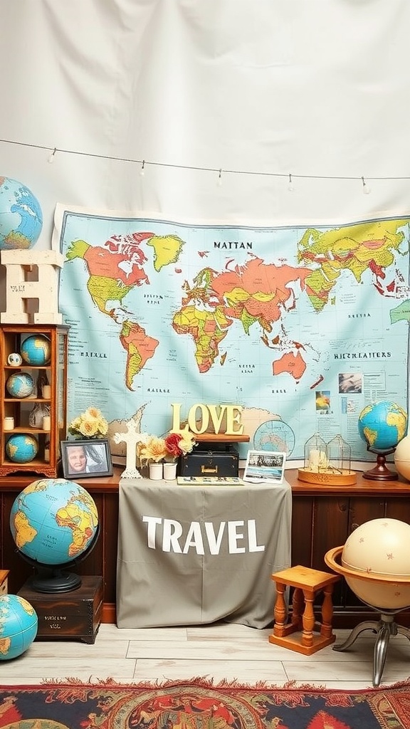 A bridal shower setup featuring a world map backdrop, globes, and decor highlighting a travel theme.