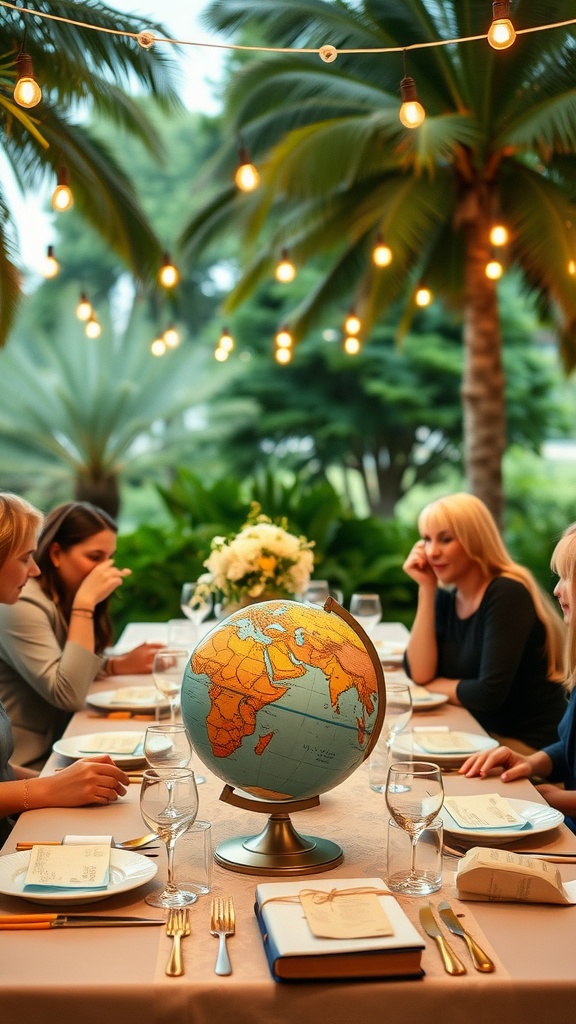 A bridal shower table set with a globe, surrounded by friends laughing and sharing jokes in a tropical setting.