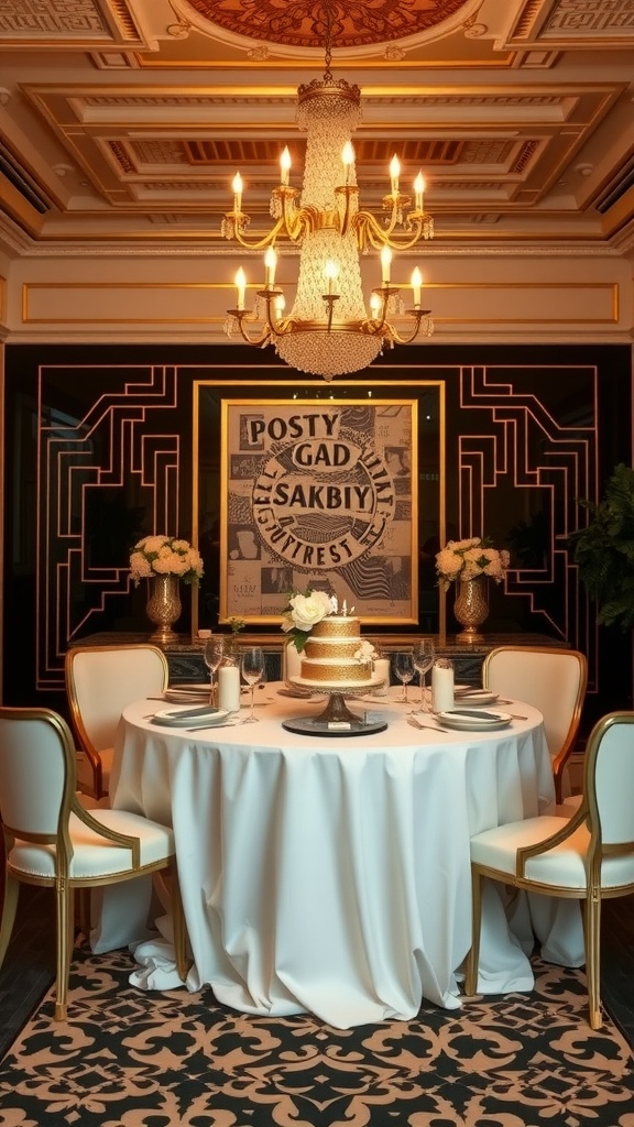 A beautifully set table for an Art Deco themed bridal shower, featuring a chandelier, floral arrangements, and a decorative cake.