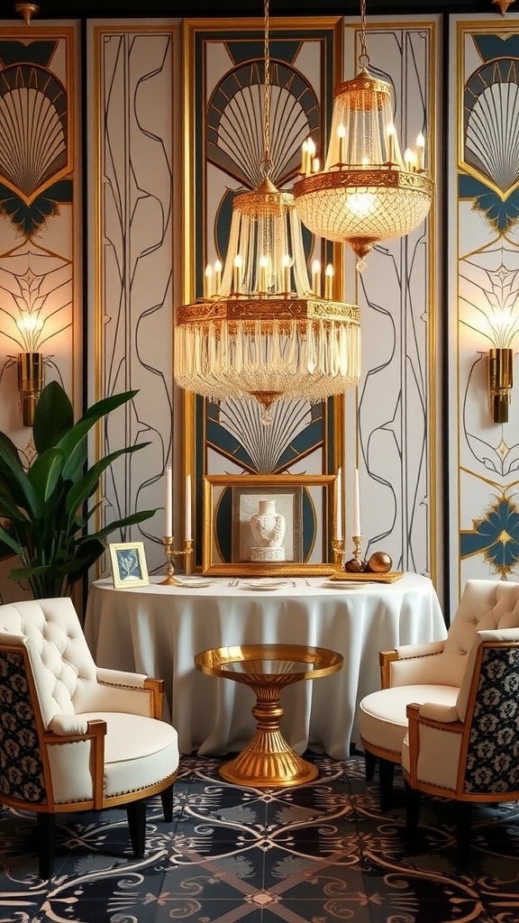 An elegant Art Deco inspired bridal shower setup featuring stylish chairs, chandeliers, and a decorative table.