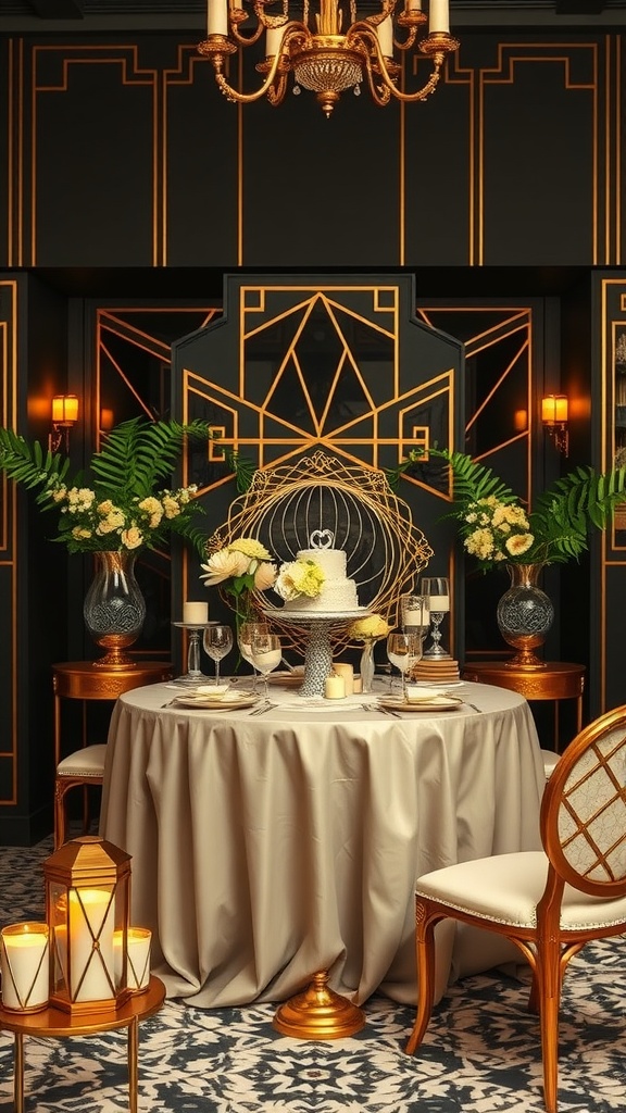 Art Deco themed bridal shower table setting with gold and black decor, elegant cake, and floral arrangements.