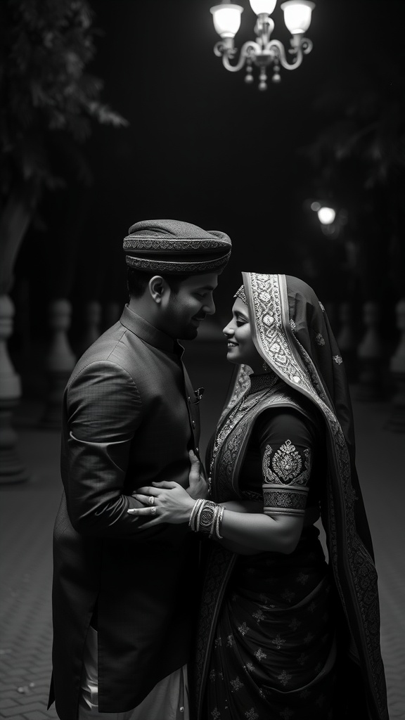 A couple in traditional Indian attire, gazing at each other, captured in a black and white portrait with soft lighting.