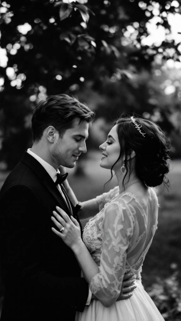 A couple in a loving embrace, captured in an artistic black and white portrait.