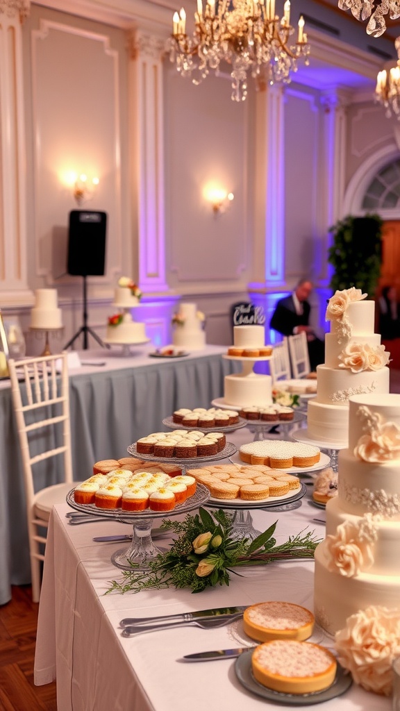 An elegant wedding dessert display featuring an array of beautifully decorated cakes and pastries.