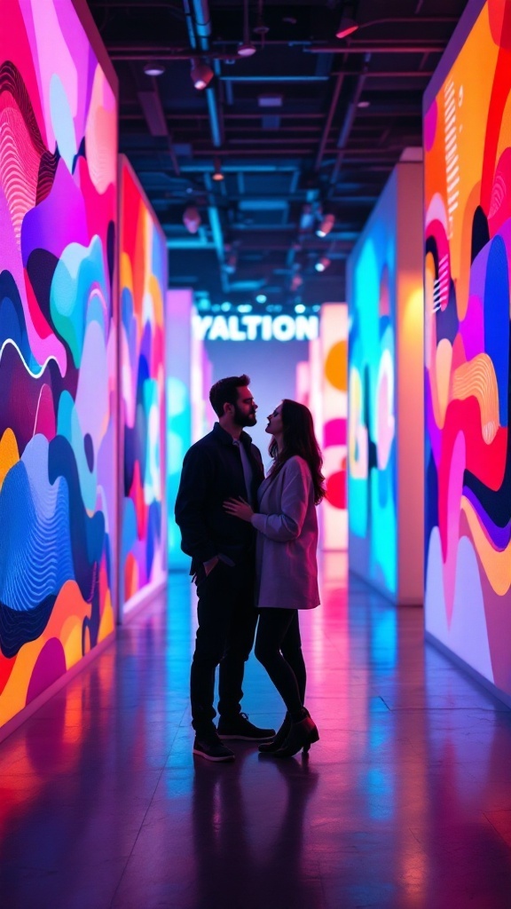A couple poses in front of colorful abstract murals for an engagement photo.