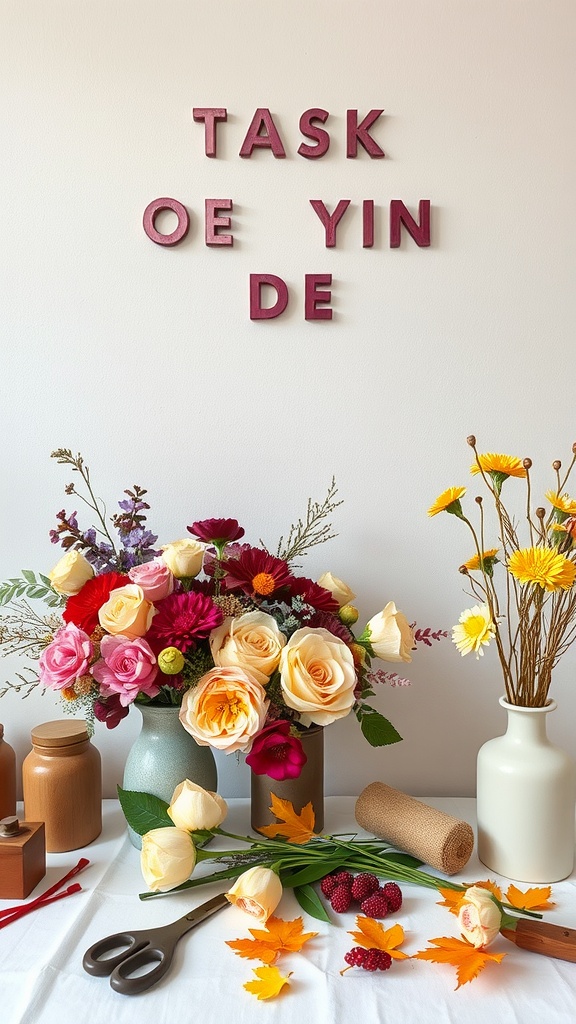 A table set for a fall floral workshop with flowers, vases, and crafting supplies.