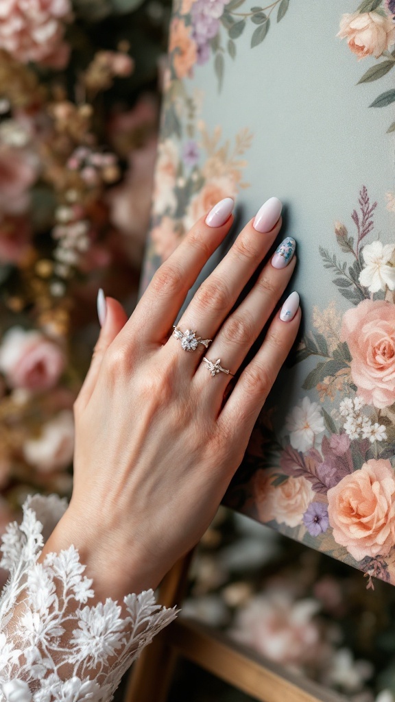A close-up of a bride's hand with gel nails, featuring a floral design and elegant rings against a floral background.