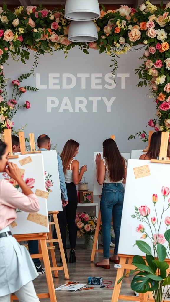 A vibrant artistic painting party setup with floral decorations and guests painting on easels.