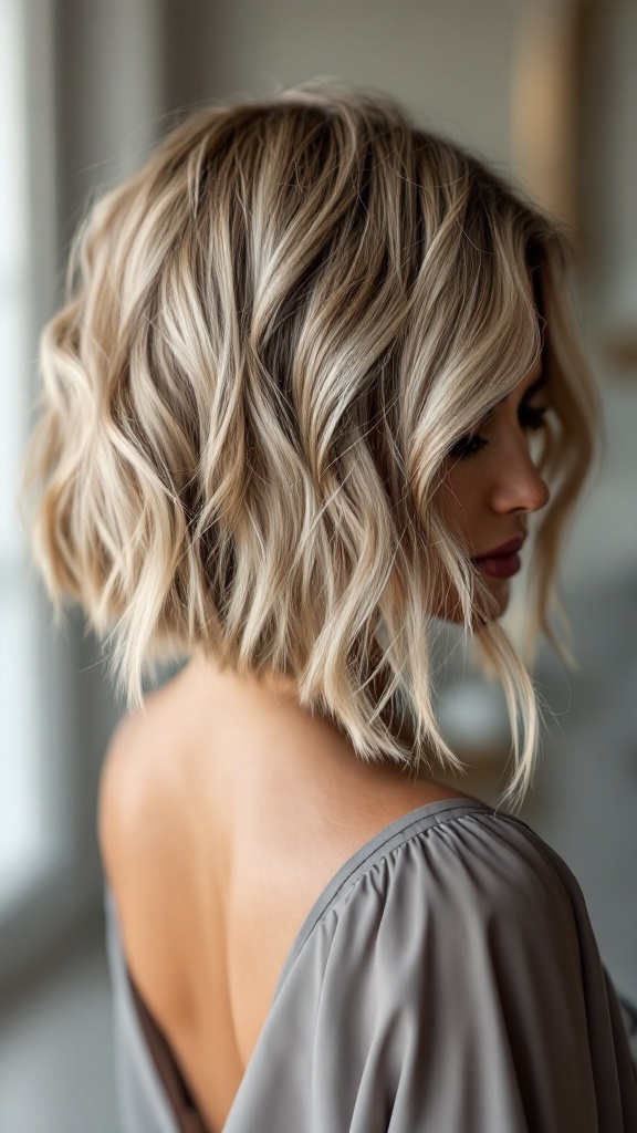 A woman with an asymmetrical bob hairstyle featuring bold highlights, styled with soft waves.