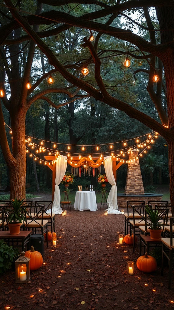 A beautifully decorated backyard wedding setup with lights, pumpkins, and a table.