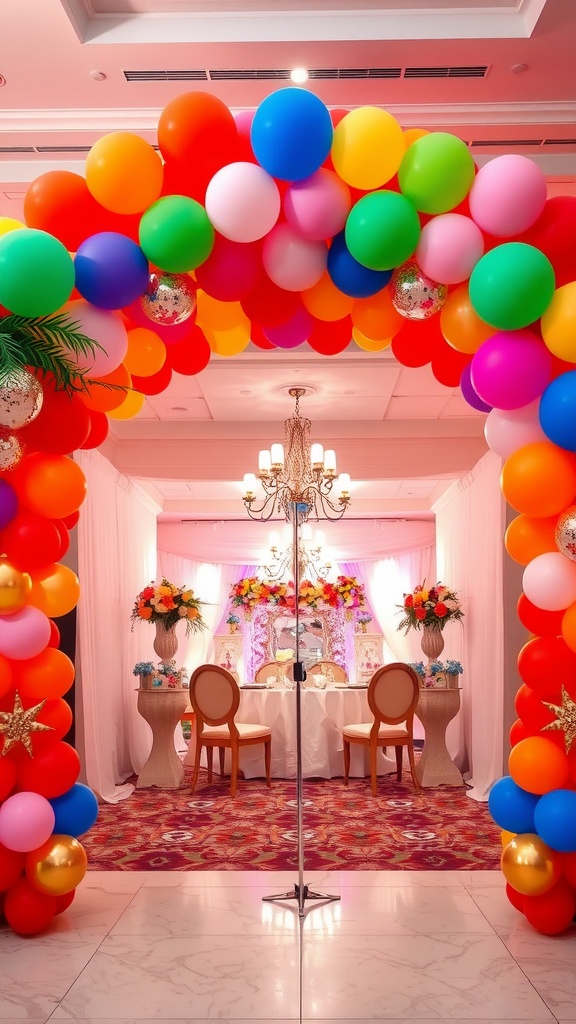 A colorful balloon arch in a wedding setting, featuring vibrant balloons in various colors, leading to a beautifully decorated table.