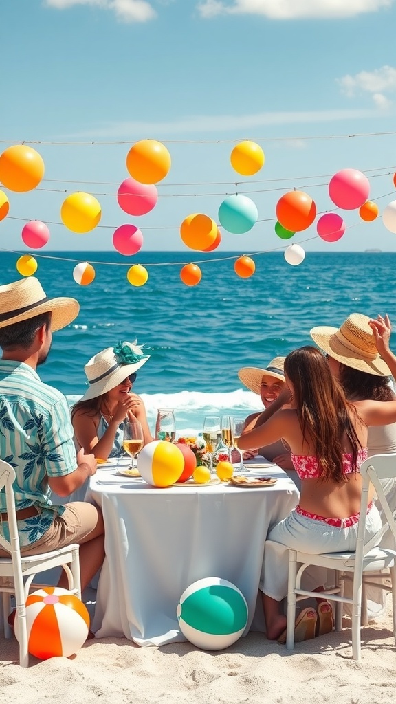 A group of friends celebrating a bridal shower by the beach with colorful beach balls and decorations.
