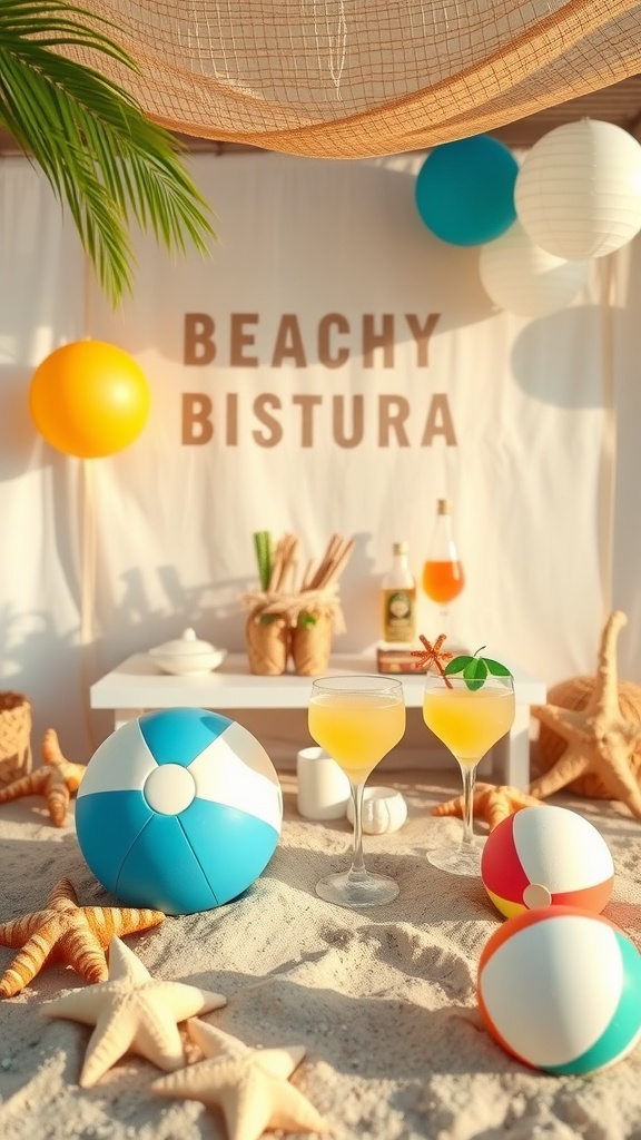 A beach-themed bridal shower setup with colorful decorations, drinks, and beach balls