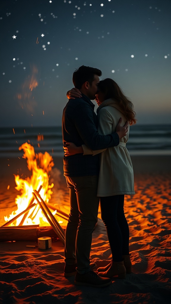 A couple embracing in front of a beach bonfire under a starry sky.