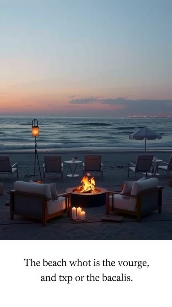 Beach bonfire lounge with chairs arranged around a fire pit at dusk.