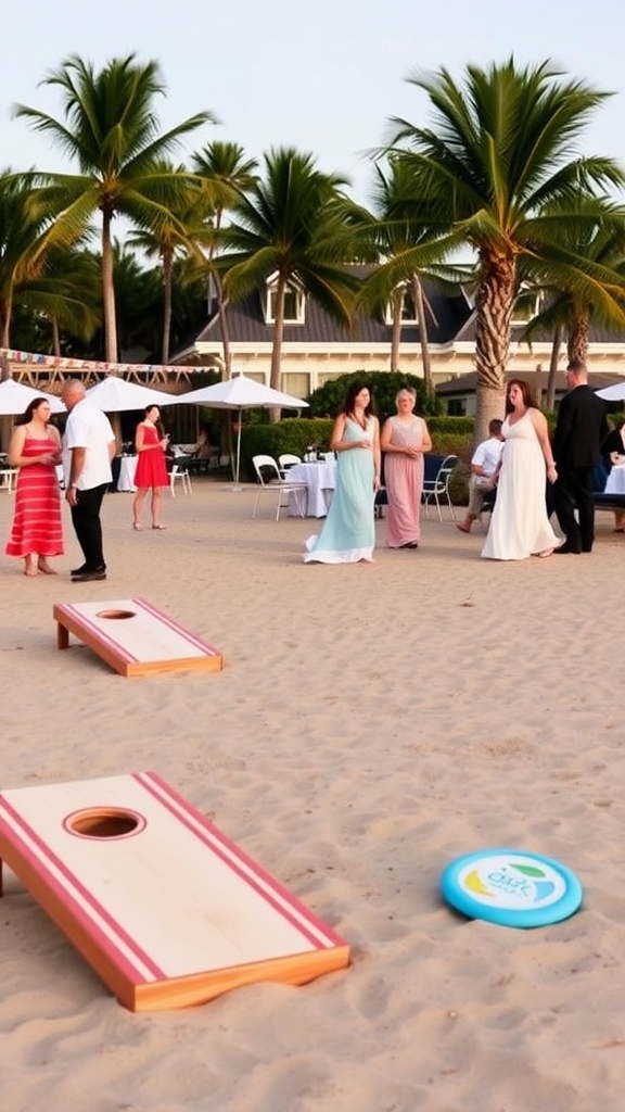 Guests enjoying beach games at a wedding reception with cornhole boards and a frisbee on the sand