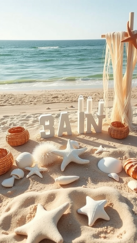 A beautifully arranged beachside bridal shower setup with candles, starfish, and decorative items in the sand.