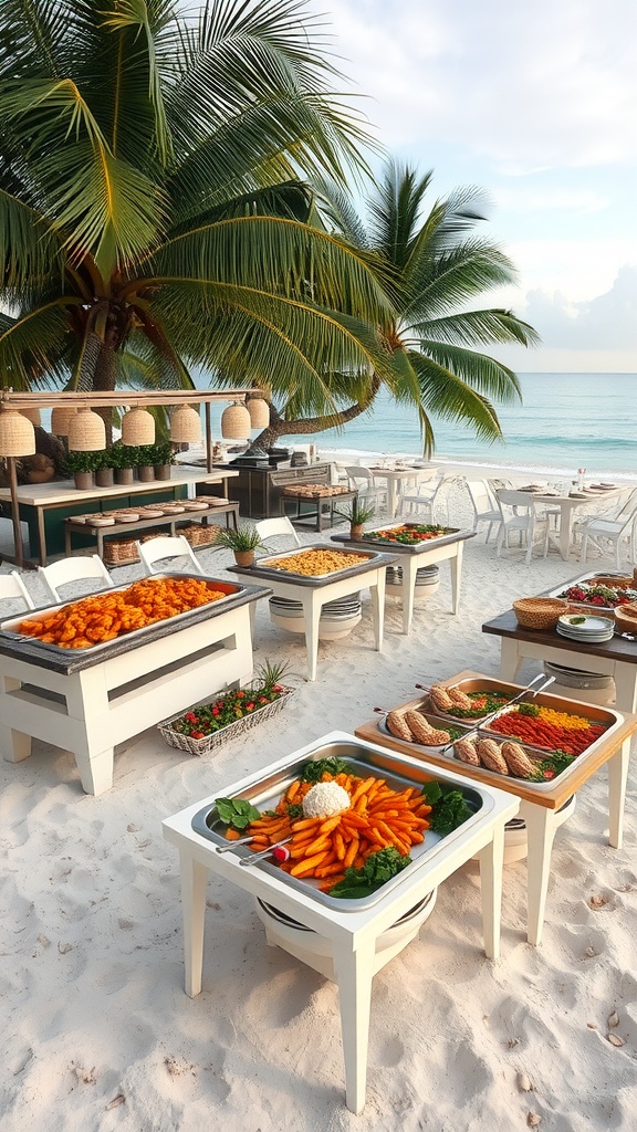 Beach wedding reception buffet tables set up with various dishes on the sand, surrounded by palm trees and the ocean.