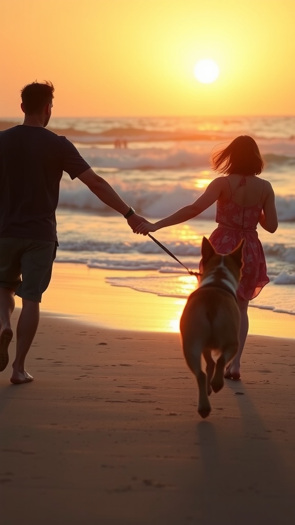 Couple walking on the beach during sunset with their dog